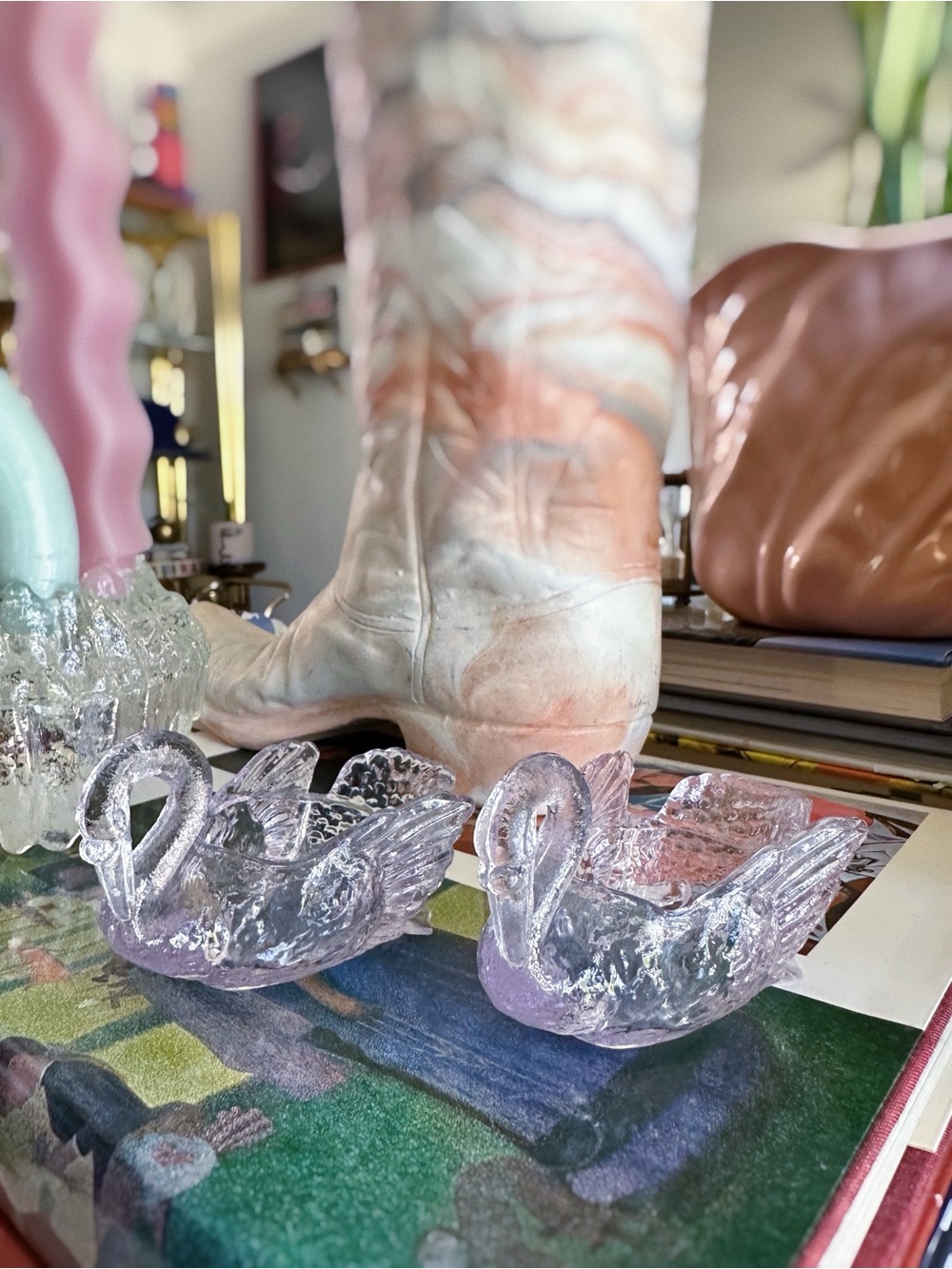Pair of Antique Purple Cambridge Glass Small Swan Dishes Salt Trinkets 1930’S